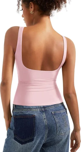 Vista 13 de SUUKSESS Camisetas sin mangas con respaldo abierto y cuello barco acolchado para mujer, con doble forro, camisas básicas Negro (Black Polka Dots)