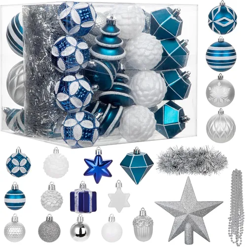 Vista 11 de 100 piezas de juego de adornos de Navidad azul y blanco – Kit de bolas de decoración de árbol de Navidad inastillables con estrella de copa