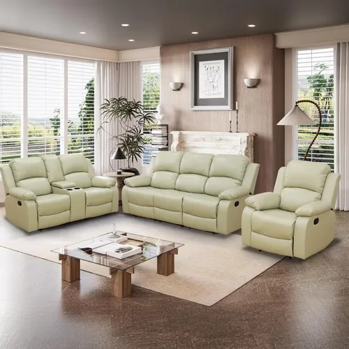 Vista 7 de Juego de Muebles para Sala de Estar, Juego de Sofá Reclinable Manual, Juegos de Sofás Reclinables de Cuero Beige con Mesa Desplegable, Sofá