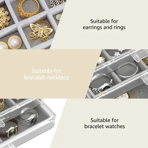 Vista 4 de Harmon Wandyer Organizador de joyas de acrílico con 5 cajones, organizador de almacenamiento de aretes transparente para mujeres y niñas, gris