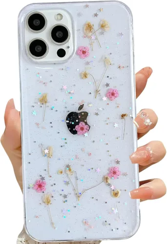 Vista 8 de LSEEKA Funda transparente para iPhone 11 con diseño de flores prensadas reales, linda y brillante, patrón floral rosa, funda protectora delgada