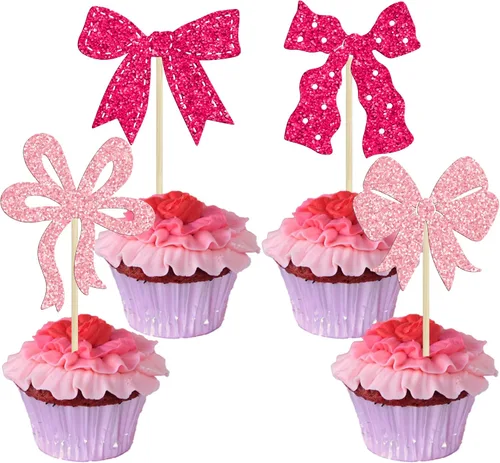 Vista 23 de Ephlyn 24 adornos para cupcakes con lazo para decoración de pastel de cumpleaños, decoración de fiesta de cumpleaños para niñas, decoración de Negro
