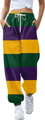 Vista 3 de EOPUING Pantalones de Mardi Gras para mujer 2024 a la moda, pantalones estampados con cordón y bolsillo