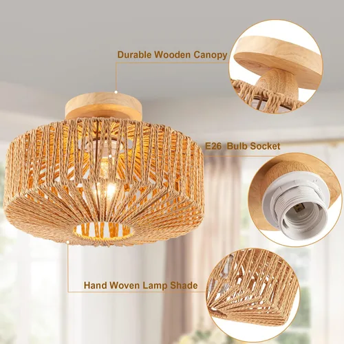 Vista 5 de Lámpara de Techo de Ratán Boho - Mini Candelabro de Montaje Empotrado Accesorio de Luz Tejido para Dormitorio, Pasillo, Entrada, Baño, Guardería