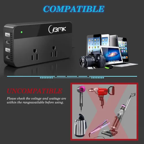 Vista 4 de BMK Inversor de corriente para auto, 200 vatios, corriente continua, 12 a 110 voltios corriente alterna, 4 puertos USB, adaptador de cargador