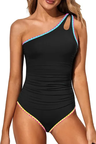 Vista 41 de Women's One Shoulder One Piece Tummy Control Swimsuit Full Coverage Diseño de ojo de cerradura, ajuste de cobertura completa, estilo modesto Negro
