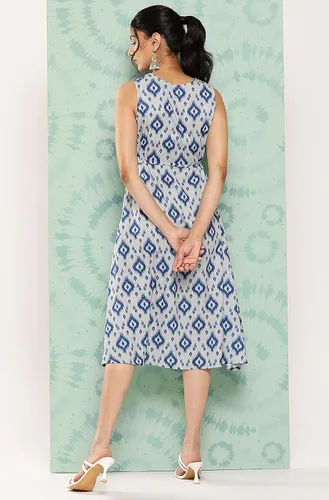 Vista 7 de Janasya Vestido de mujer gris crepé Ikat estampado A Line