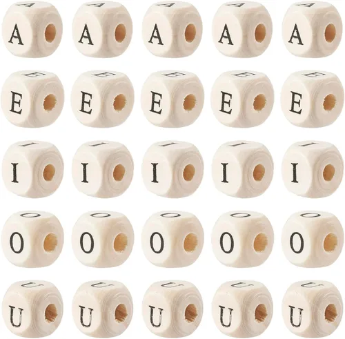 Vista 8 de KISSITTY 250 cuentas de madera con letras vocales de 0.472 pulgadas, cubo A E I O U inicial del alfabeto con agujero grande, cuentas espaciadoras
