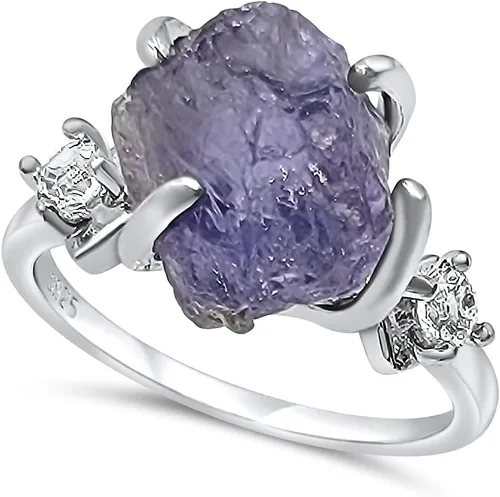 Vista 34 de Anillo de cristal crudo real con piedra natal, plata de ley, oro blanco, regalo de joyería para ella, regalo de Navidad, Día de la Madre