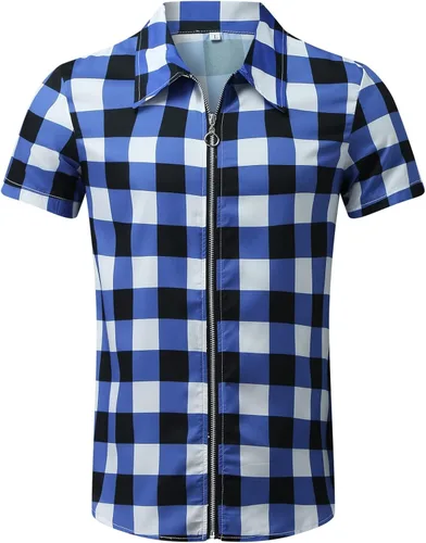 Vista 3 de ZDFER - Camisa hawaiana a cuadros para hombre, manga corta con cremallera de solapa para hombre, camisetas activas, verano, vacaciones, playa