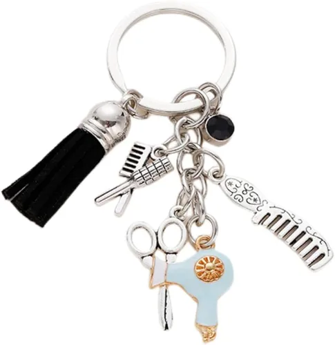 Vista 11 de Fuqimanman2020 Peine tijeras secador de pelo llavero con borla y diamante negro encanto peluquero estilista regalo joyería
