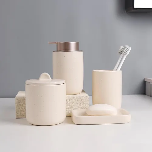 Vista 7 de BosilunLife Juego de accesorios de baño de albaricoque, juego de accesorios de baño de cerámica, dispensador completo de jabón espumoso y soporte