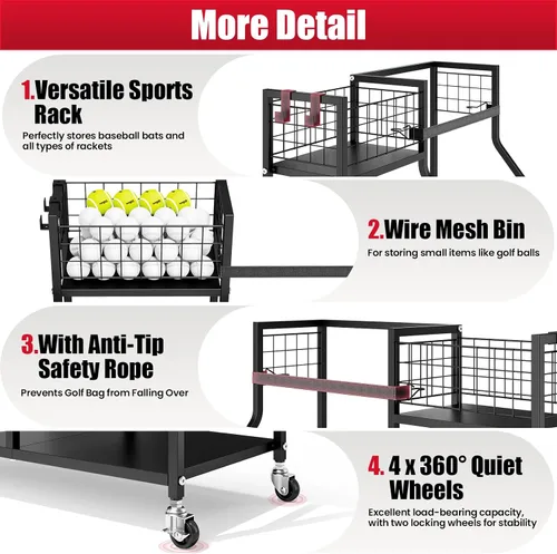 Vista 5 de TOOLF Organizador de bolsas de golf, almacenamiento para palos de golf con ruedas, soporte de metal resistente para bolsa de golf para el hogar