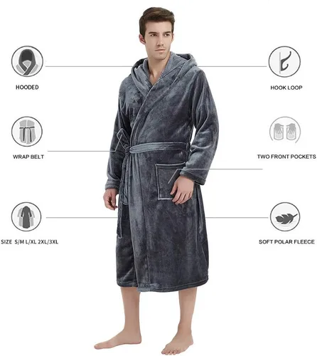 Vista 5 de U2SKIIN - Lujosa bata de baño larga con capucha, de vellón polar, para hombre
