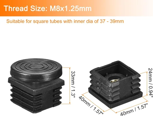 Vista 2 de uxcell 4 piezas de insertos para tubos cuadrados con patas niveladoras, para tubo cuadrado de 1.57 x 1.57 pulgadas, rosca M8-0.049 in de plástico