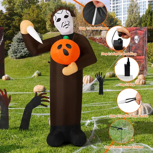 Vista 3 de COMIN Asesino de calabazas inflable de Halloween de 6 pies con LED incorporados, decoración de patio para fiestas de vacaciones en interiores
