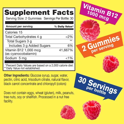 Vista 2 de WellYeah Gomitas de vitamina B12 de 1000 mcg, para energía, estado de ánimo, metabolismo y apoyo del sistema inmunológico, aptas para veganas y sin