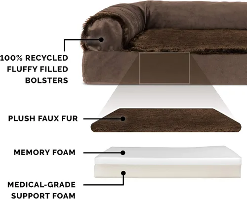Vista 3 de Furhaven - Cama para perro de espuma viscoelástica, en forma de L, estilo diván, de felpa y terciopelo, marrón sable, talla jumbo plus (XXL)