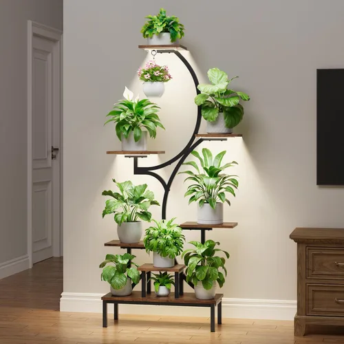 Vista 2 de Soporte para plantas de interior con luces de crecimiento, estante para plantas de interior de 7 niveles con base elevada y gancho para colgar