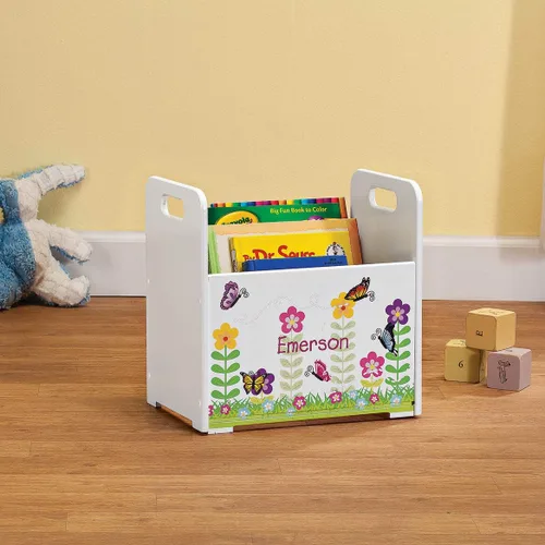 Vista 2 de Fox Valley Traders Carrito de madera de encargo del libro de los niños, cubo modificado para requisitos particulares del almacenamiento del libro