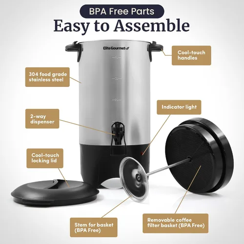 Vista 2 de Elite Gourmet CCM040 - Urna de café de acero inoxidable de 40 tazas, filtro extraíble para una fácil limpieza, dispensador bidireccional con asas
