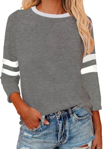 Vista 14 de Camisas de manga 3/4 para mujer, camisetas de verano con cuello redondo, camisetas básicas sueltas de mezcla de algodón para mujer