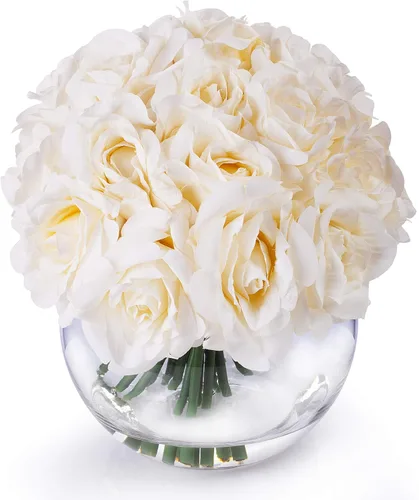 Vista 2 de Arreglo floral de rosas abiertas de seda de 21 cabezas en jarrón redondo de vidrio con agua sintética para decoración de centros de mesa de boda