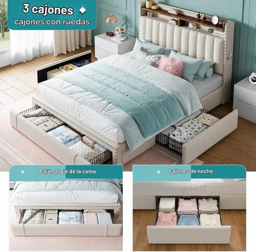 Vista 3 de EnHomee Marco de cama Full tapizada con 3 cajones de almacenamiento, cabecera de almacenamiento de 2 niveles, marco de cama de plataforma con Beige