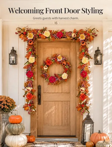 Vista 7 de NUPTIO Guirnalda de otoño de 6 pies para manto: decoración de otoño para el Peonía y dalia - Morado