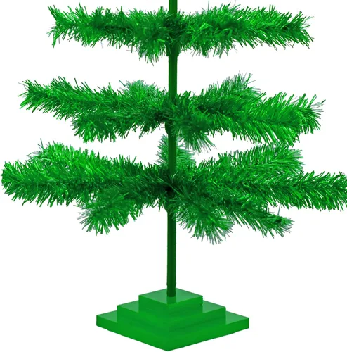 Vista 4 de Árbol de Navidad de oropel verde metálico, base de metal verde, cepillo artificial, soporte para tronco de madera incluido (48 pulgadas)