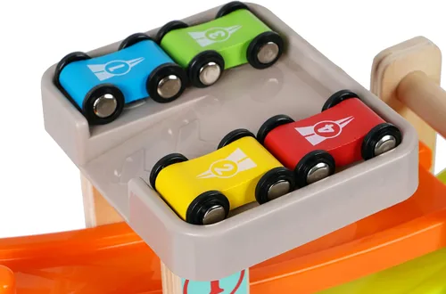 Vista 3 de Juguete de pista de carreras de rampa de madera para automóvil, juego de autos para niños, 4 unidades de autos de repuesto, vehículos de pista
