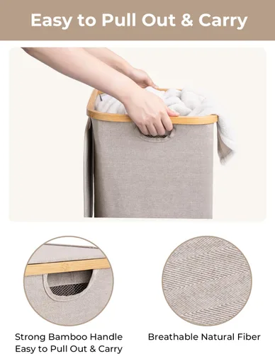 Vista 4 de StorageWorks Cesta grande para ropa sucia de 100 litros con tapa, cesta alta para ropa con asas de bambú y 2 bolsas interiores extraíbles, cestas