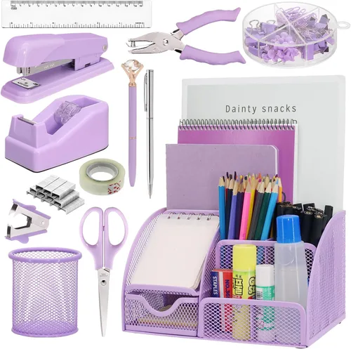Vista 11 de SYMDROMIA Juego de organizador de escritorio de oficina 13 en 1 con engrapadora y dispensador de cinta, soporte para bolígrafos, tijeras, regla