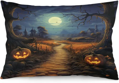 Vista 17 de Fundas de almohada frescas de casa embrujada, castillo, luna, bosque medieval, calabaza, fundas de almohada rectangulares con cremallera invisible