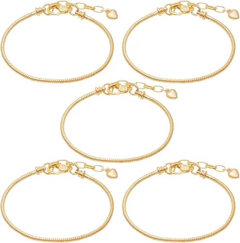 Vista 4 de tiggell Juego de 5 pulseras de cadena plateadas, cadena de serpiente con cierre de langosta en forma de corazón, pulsera de dijes europea