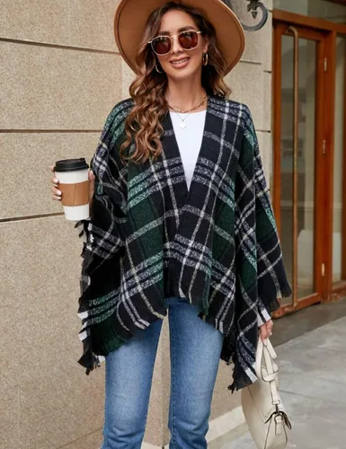 Vista 3 de VIMPUNEC - Pashmina estilo bohemio con patrón a cuadros para mujer, con borla.