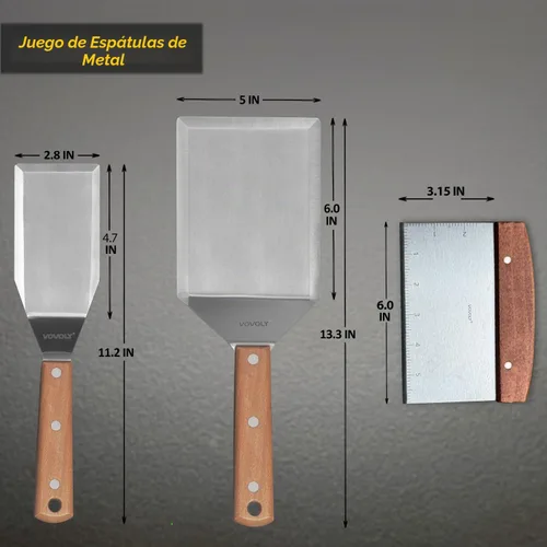 Vista 2 de Juego de espátulas de metal de acero inoxidable para plancha, espátula raspadora para parrilla para BBQ/parrilla superior plana, mango de espiga