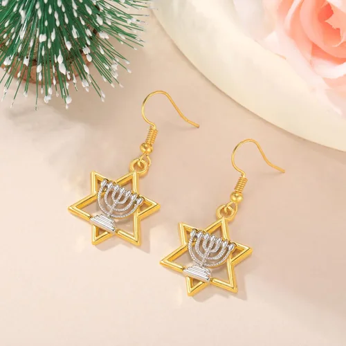 Vista 5 de Pendientes de estrella de David, aretes de Janucá, aretes de menorá para mujer, joyería judía de Hanukkah para mujer, Zinc
