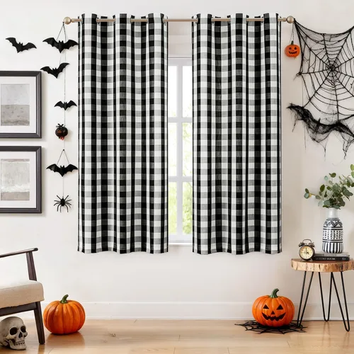Vista 23 de Amzdecor Cortinas a cuadros con ojales de búfalo de 54 pulgadas de largo, cortinas texturizadas semitransparentes para sala de estar, dormitorio