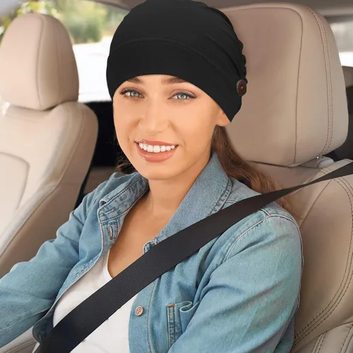 Vista 7 de Geyoga Gorras Bouffant con botones, unisex, elástica, turbante con botones para mujer, 3 piezas, Negro, Talla única