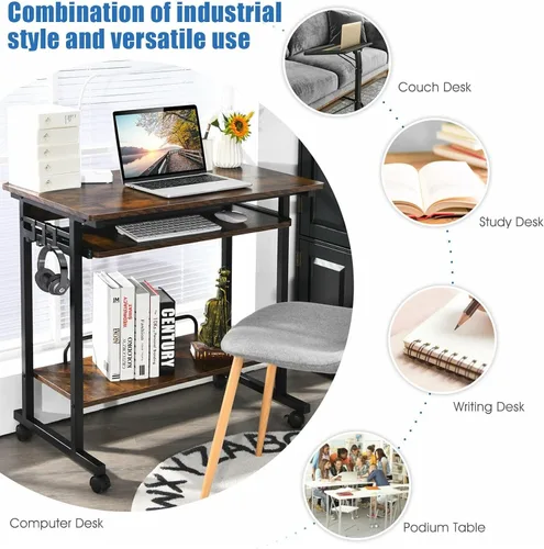Vista 5 de Escritorio para computadora, mesa de estudio, escritorio de PC marrón rústico, carrito extraíble para laptop, estación de trabajo con bandeja