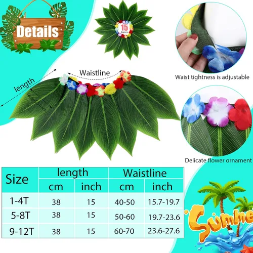 Vista 3 de 6 piezas de disfraz hawaiano de luau para mujer, incluye falda hula, top de flores, collar y pulsera para Halloween, niños y niñas, cosplay