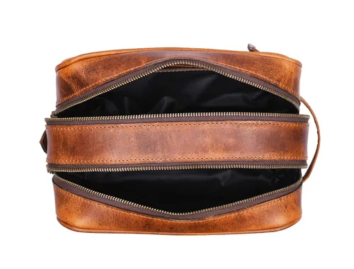 Vista 2 de Aaron Leather Goods - Neceser de viaje, de cuero de alta calidad, con forro impermeable Dopp de estilo vintage, hecho a mano, tamaño king - Kit ~