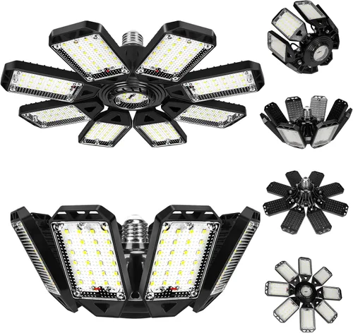 Vista 5 de Aoretic Luces LED de garaje 180W 18000LM 6500K, paquete de 2 6+1 paneles deformables, base E26/E27, uso de almacén y tienda, luz de granero