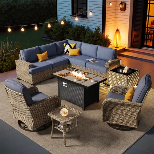 Vista 51 de HOOOWOOO Juego de muebles seccionales de patio con mesa de luz solar, 6 piezas de mimbre para exteriores, sofá en forma de L, juego de conversación