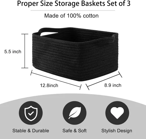 Vista 3 de OIAHOMY Cestas tejidas de cuerda de algodón para almacenamiento, cesta de almacenamiento rectangular para guardería con asas para estantes, paquete