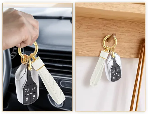 Vista 7 de Llavero de cuero para automóvil, llaveros tejidos hechos a mano para mujeres y hombres, soporte universal para llavero con rotación de 360 grados