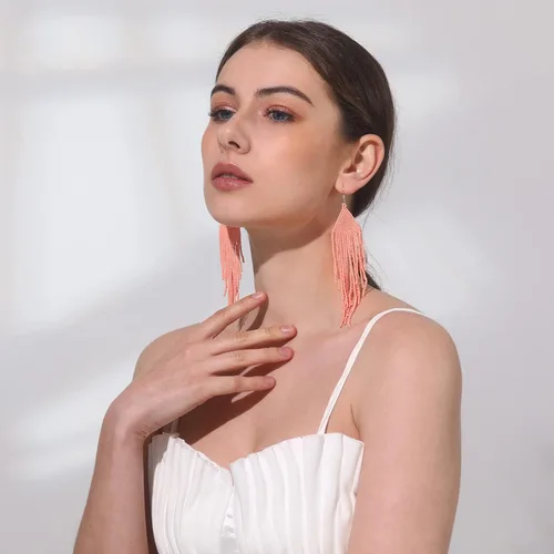 Vista 3 de Aretes de borla hechos a mano con cuentas, aretes bohemios con flecos para mujeres y niñas, aretes indios nativos americanos