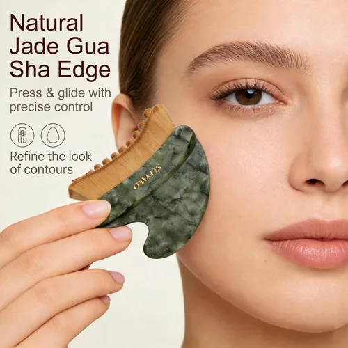 Vista 4 de Cepillo facial linfático contorno con aceite, cerdas suaves y jade Gua Sha Oro+verde+marrón