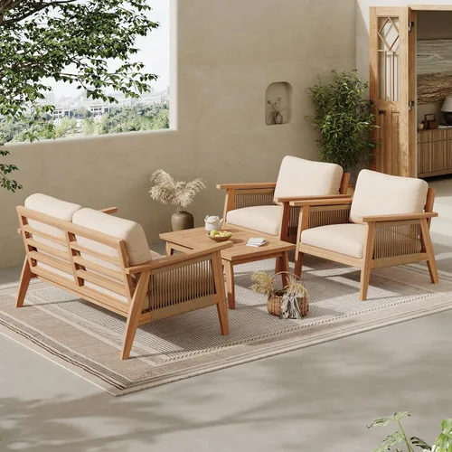 Vista 18 de Juego de 4 muebles de patio al aire libre, sofá seccional de madera de acacia con asiento cojines beige, asiento de conversación seccional
